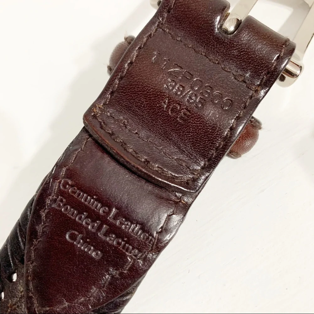 Ace Leather Belt Woven Sides Webbing Center Silver Toned Hardware Square Buckle